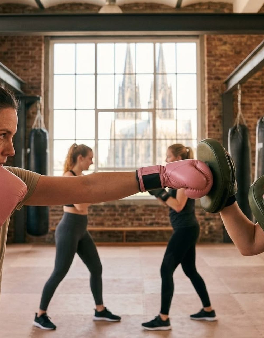 Frauen beim Pratzentraining im Boxstudio Köln Südstadt mit Blick auf den Kölner Dom