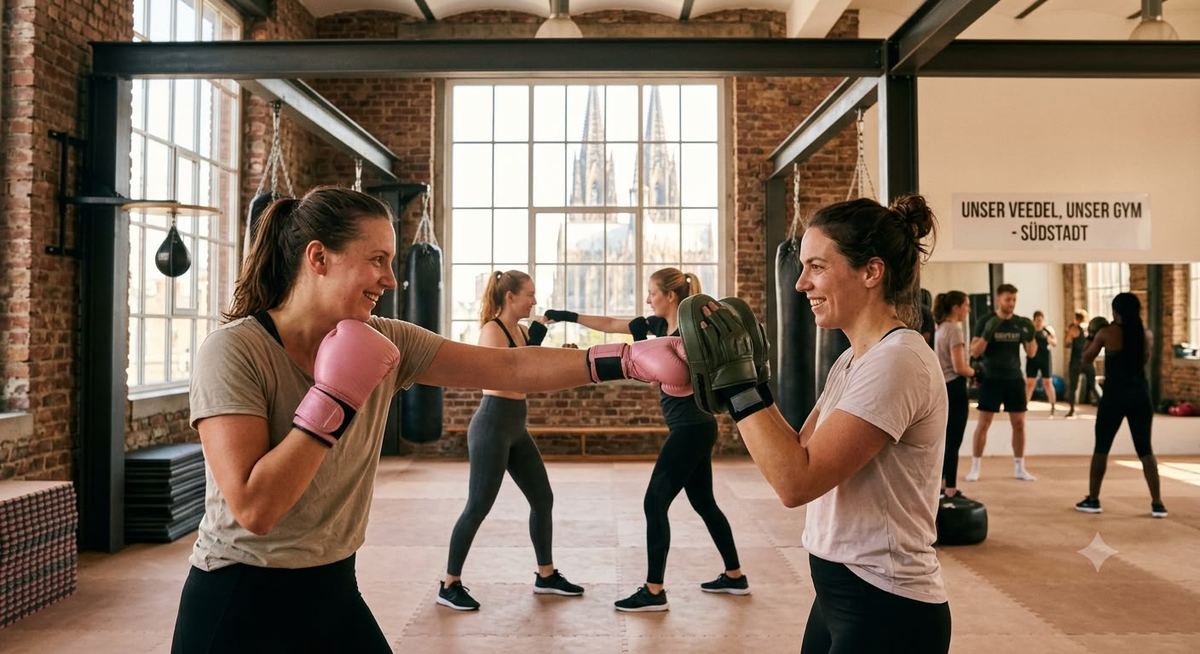 Frauen-Fitnessboxen Kurs in Köln Südstadt vor dem Kölner Dom